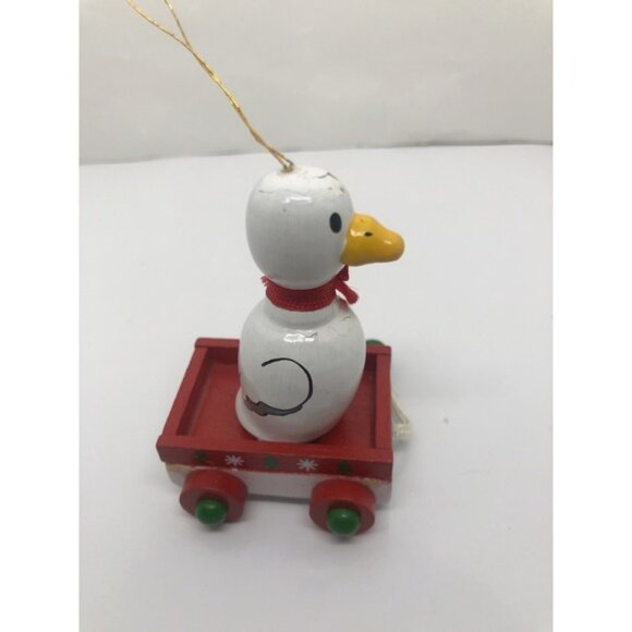 Vintage Wooden Duck Ornament 3" Hand Painted Goose In Wagon Christmas paint chip - Picture 4 of 7